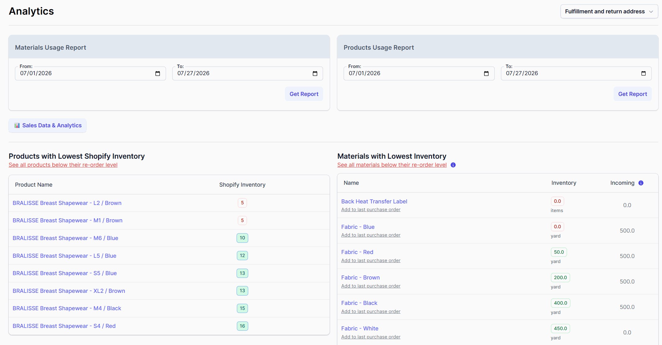 Bralisse reorder view: products and materials below their reorder level